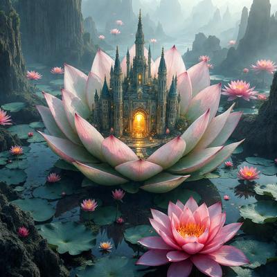 The primary subject of the image is a large, beautifully designed flower with a castle-like structure in the center. The flower is surrounded by a variety of smaller flowers, creating a vibrant and colorful scene. The setting is a lush, green environment, with a pond nearby. The visual style of the image is a combination of photo and digital art, creating a unique and captivating illustration. The dominant colors in the image are pink and purple, giving the scene a warm and inviting atmosphere.